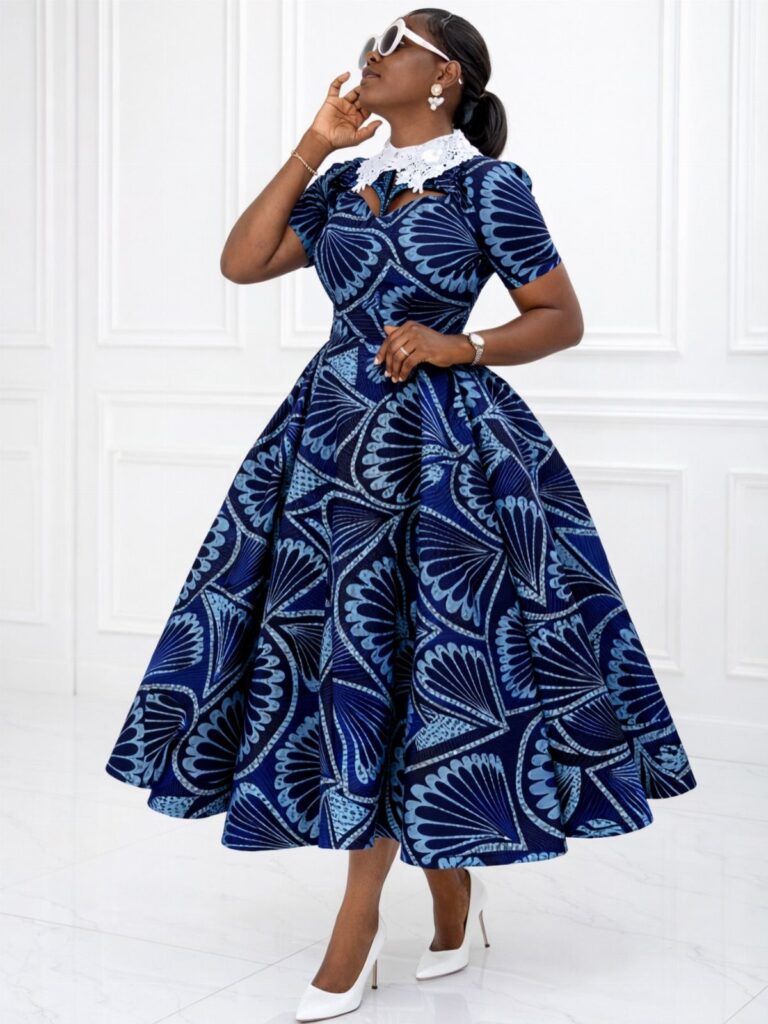 Woman in a blue patterned fit-and-flare dress with white lace collar and heels.