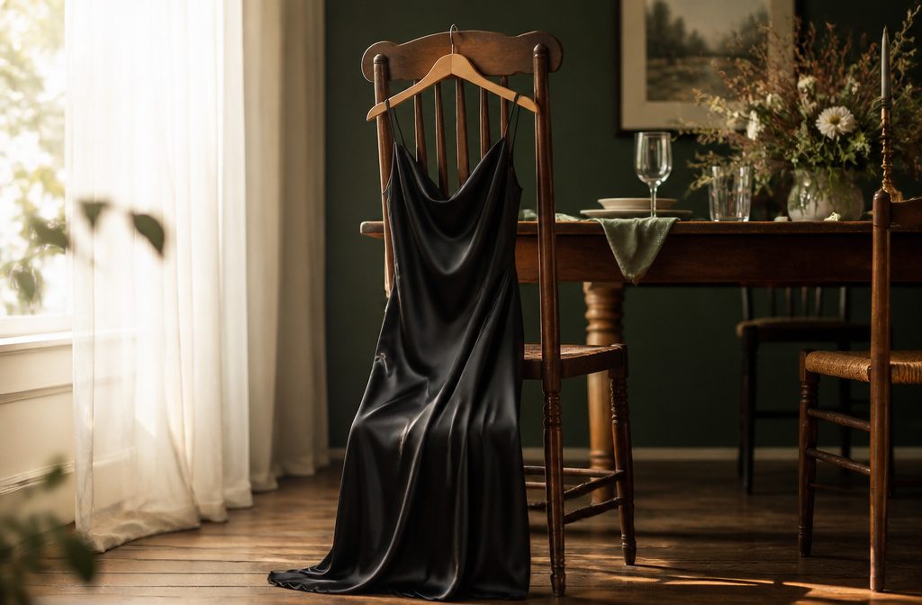 A black cocktail dress displayed on a mannequin in a stylish setting.