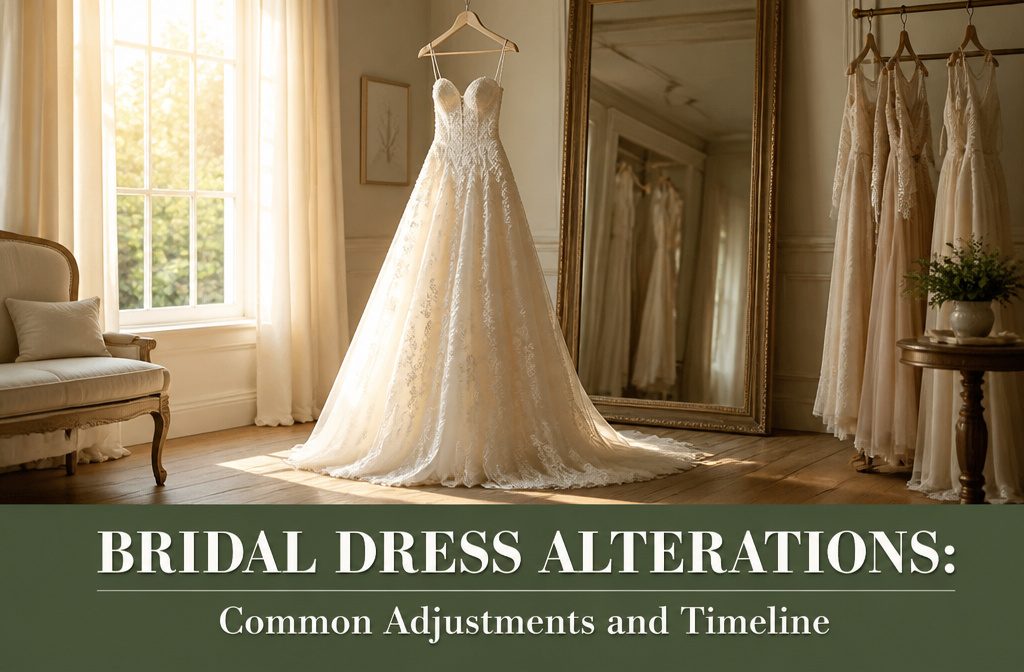 Seamstress examining a wedding gown in a bridal studio.
