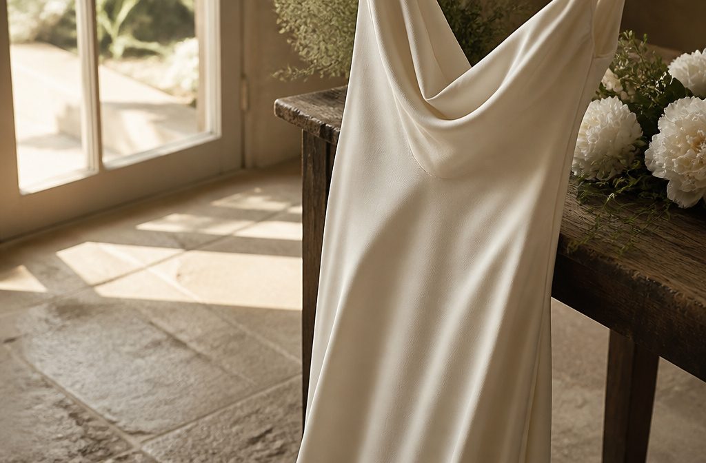 Carolyn Bessette's pearl-white silk crêpe wedding dress designed by Narciso Rodriguez.