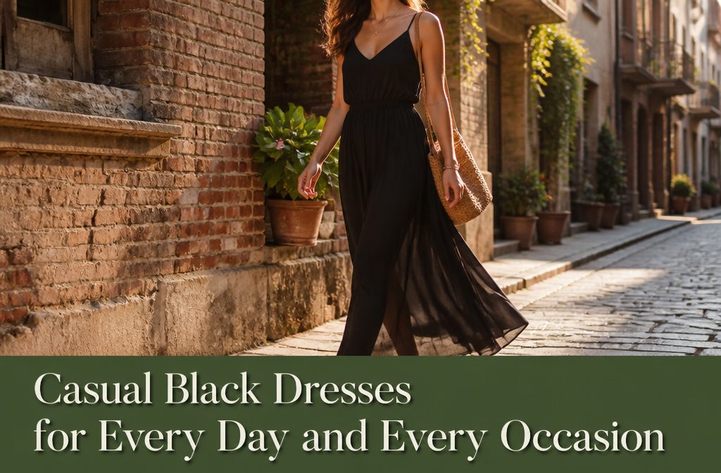 Various casual black dresses displayed on wooden racks in a boutique.