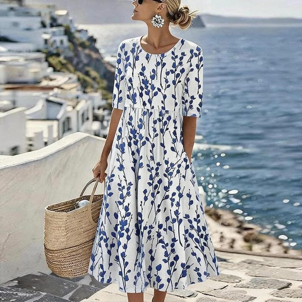 Woman in a white and blue floral summer dress holding a straw bag seaside.