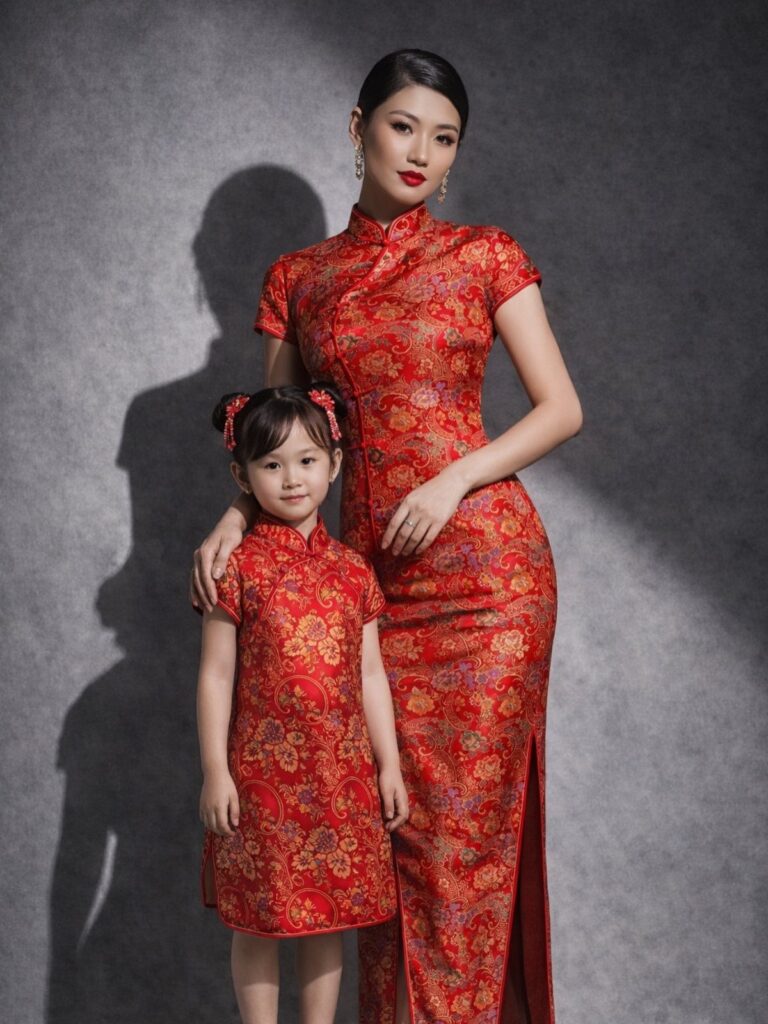 Woman and girl wearing matching red floral qipao dresses against a grey background.