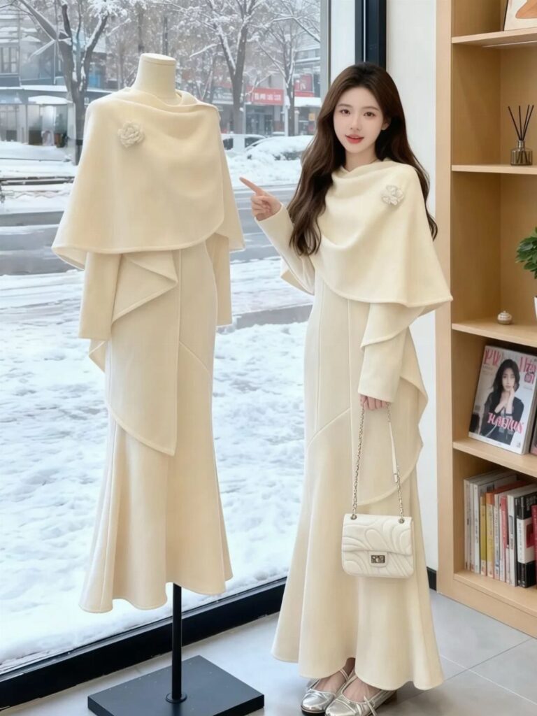 Woman and mannequin wearing cream winter dresses with capelets and floral details.