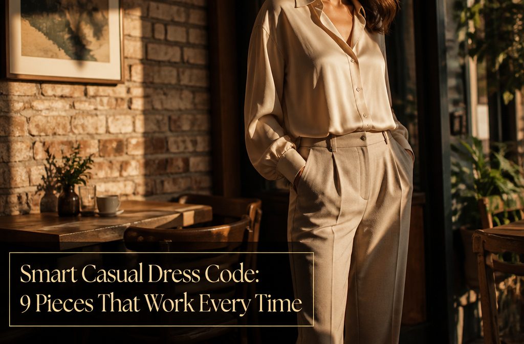 A collection of smart casual clothing items including blazers, trousers, and shoes.