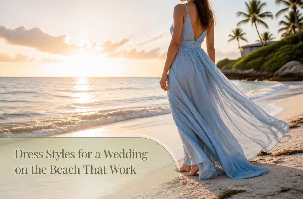 A beach wedding scene with guests dressed in elegant attire by the ocean.