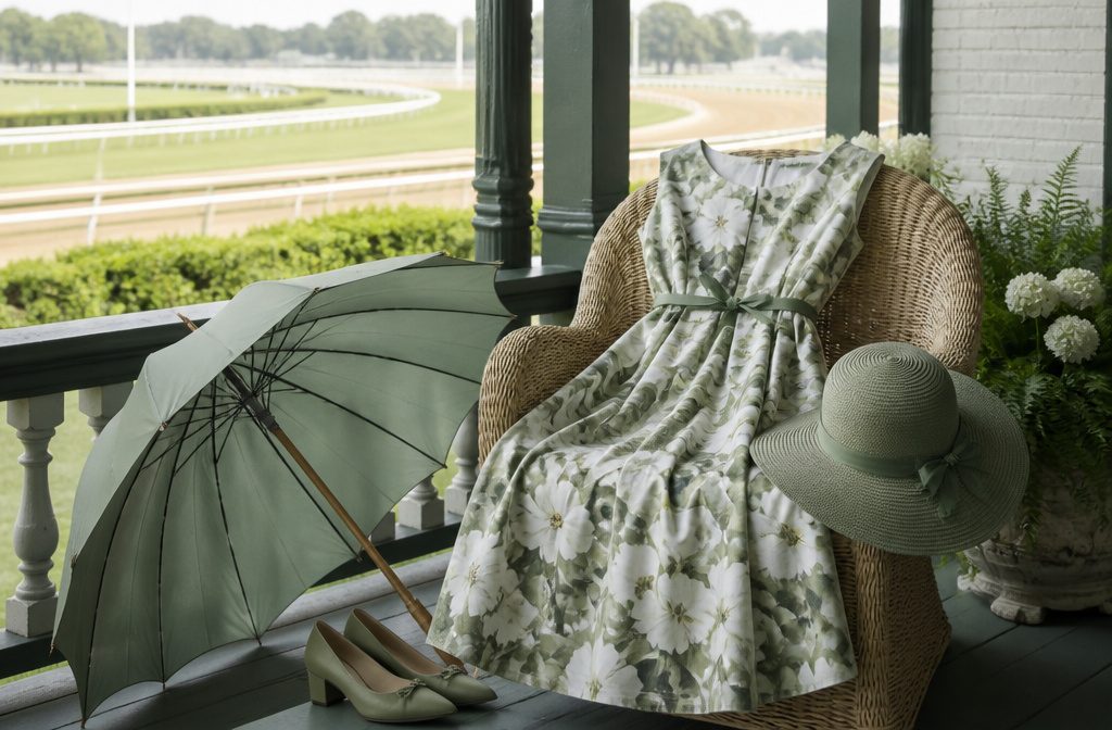 A floral dress draped across a wooden chair on a shaded veranda