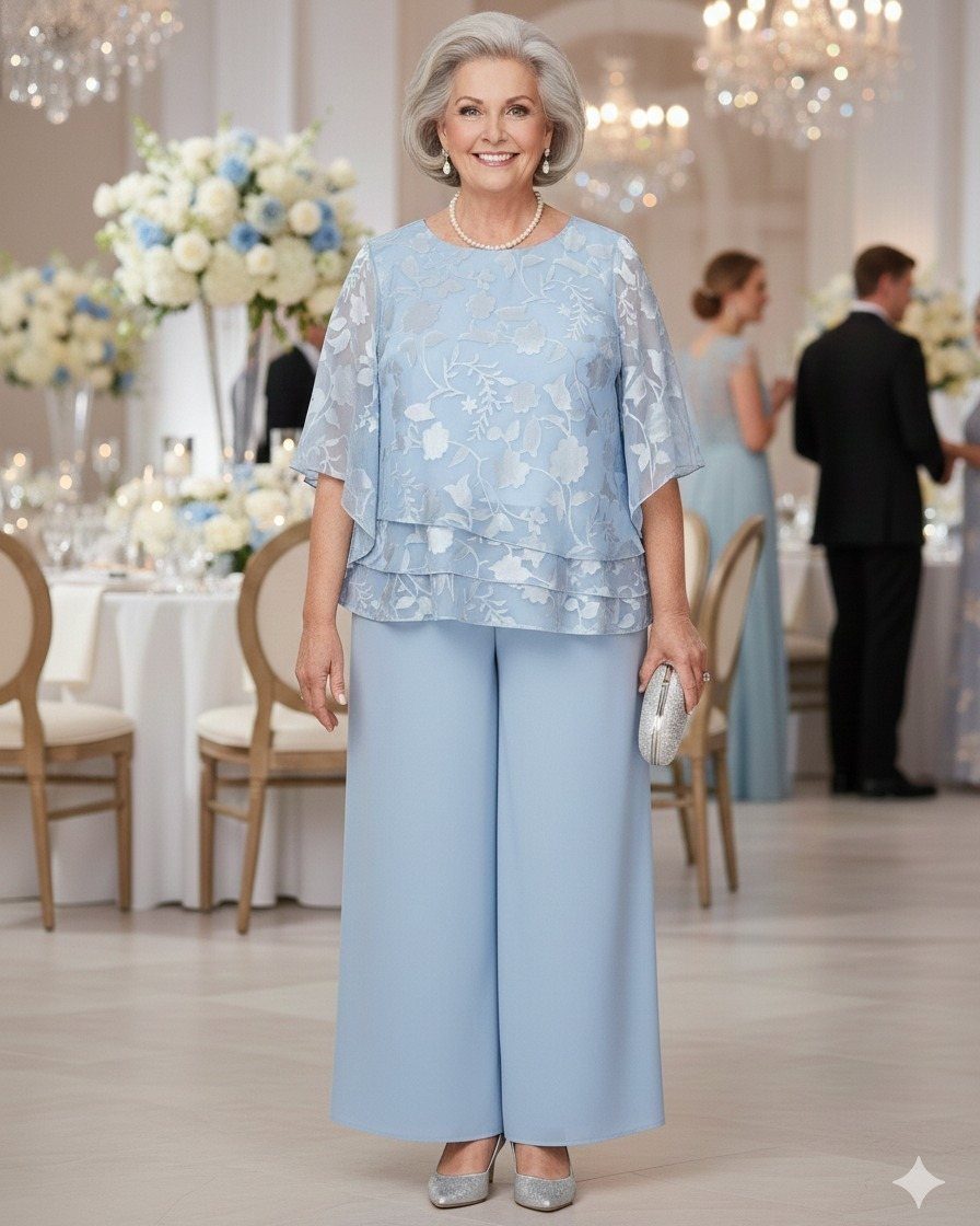 Mature woman in an elegant light blue lace top and wide-leg trousers at a wedding.