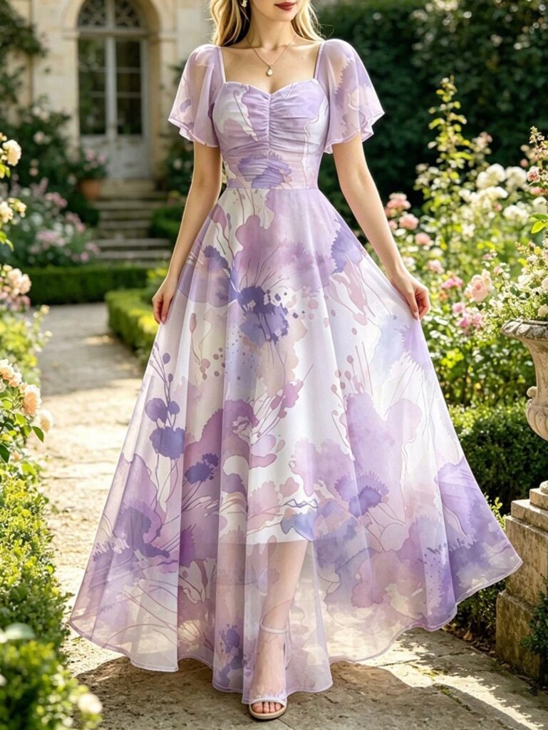 Woman in a purple floral A-line dress standing in a sunny rose garden.