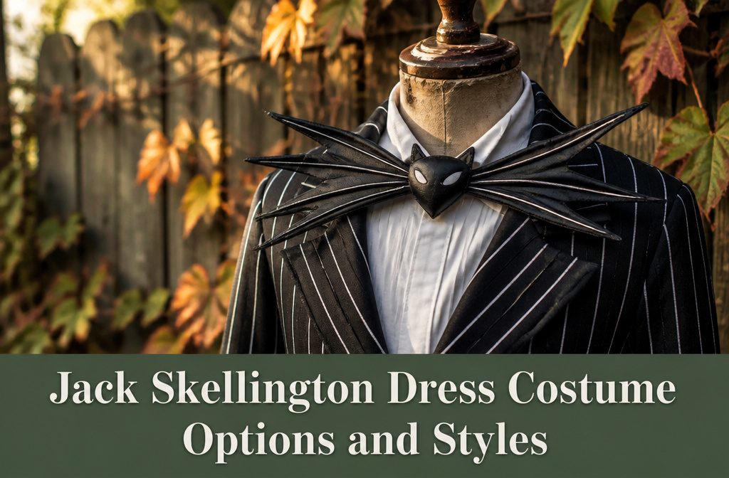 Multiple Jack Skellington costumes hanging in a boutique.