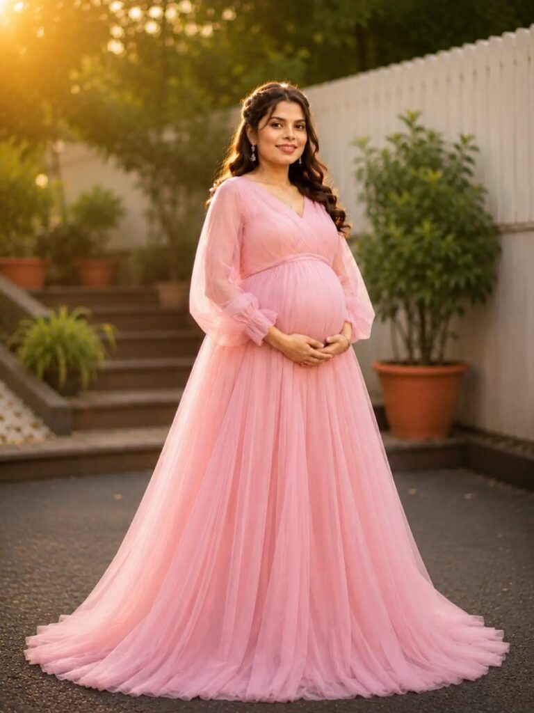 Pregnant woman in a long pink tulle maternity dress standing in a sunny garden.
