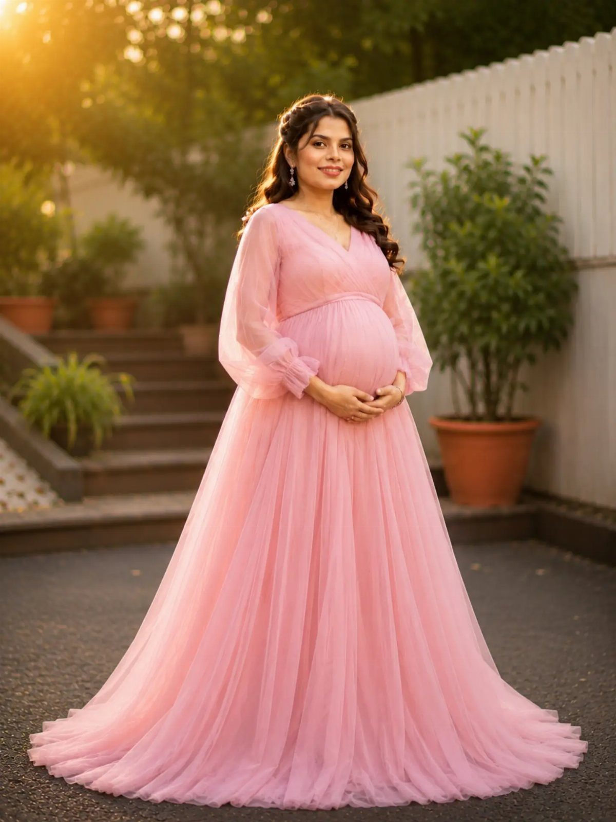 Pregnant woman in a long pink tulle maternity dress standing in a sunny garden.