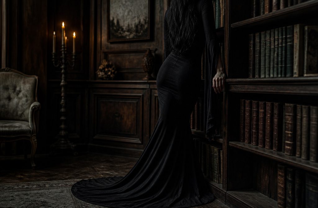 An assembly of Morticia Addams costume components including a black dress and accessories.