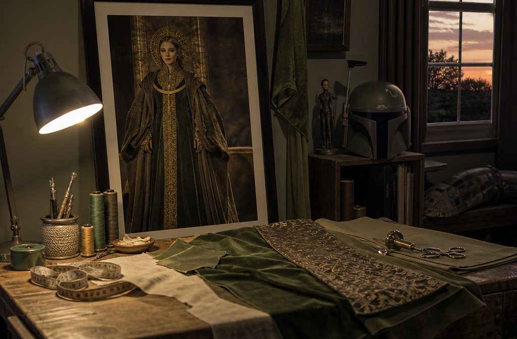 Dimly lit room with Star Wars memorabilia and Padmé Amidala poster