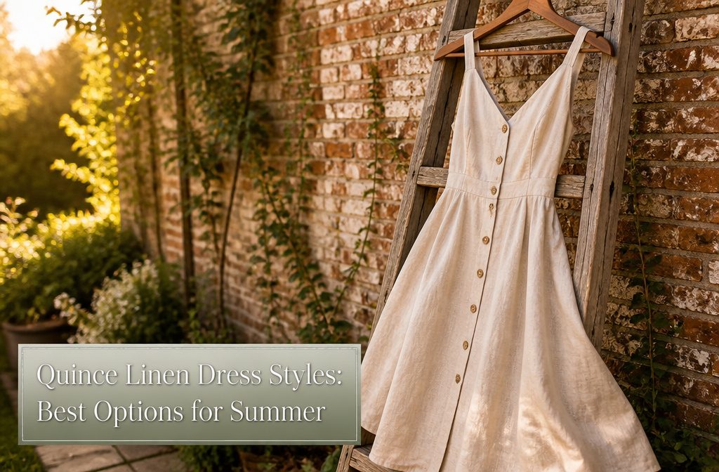Light linen dresses displayed on a clothesline under a sunny sky.