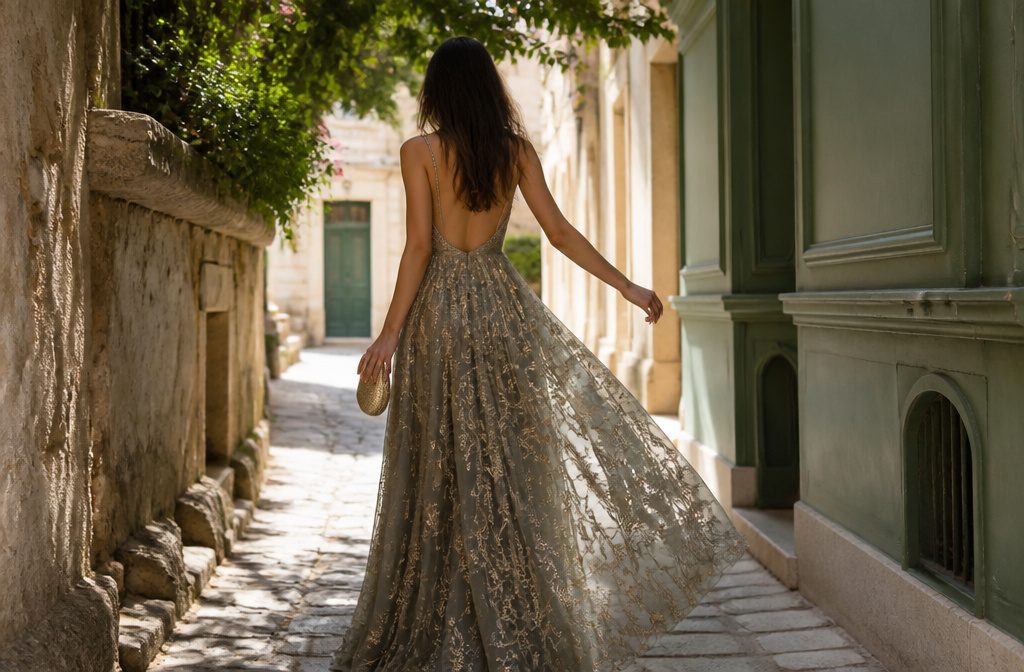 Various designer dresses displayed for rental services.
