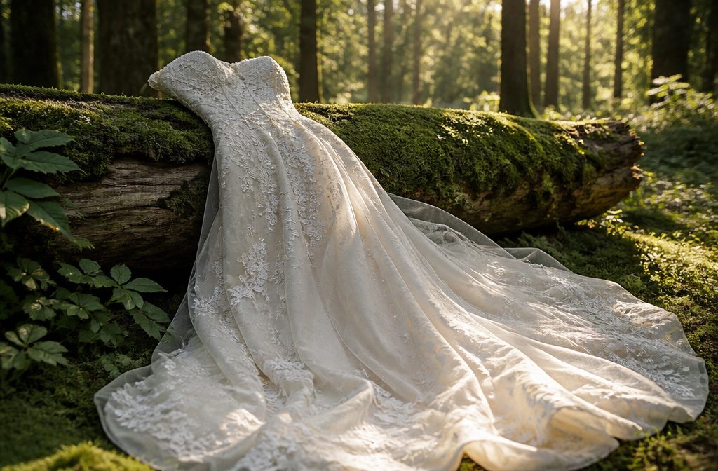 A beautiful wedding gown showcased in a bright and airy setting.