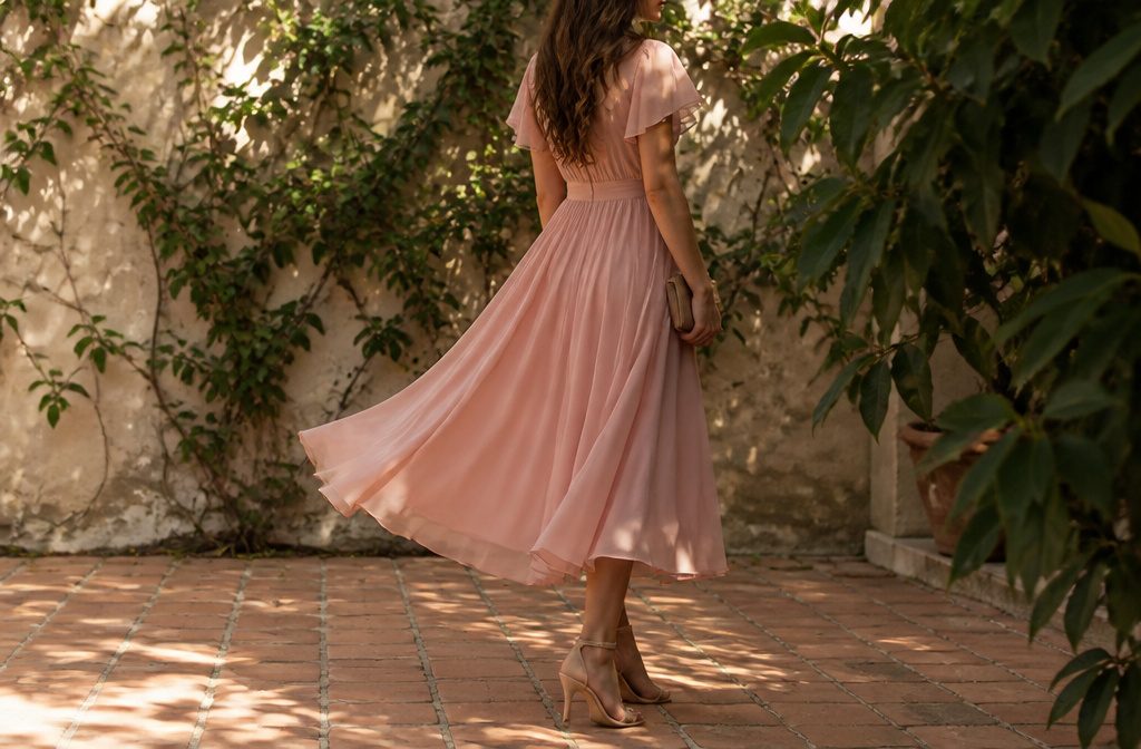 A model wearing a polished satin evening dress in a wedding setting.