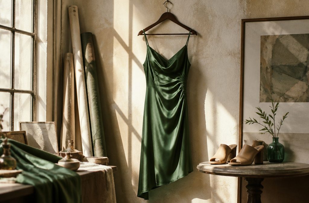 Various silk cocktail dresses displayed in different styles and colors.