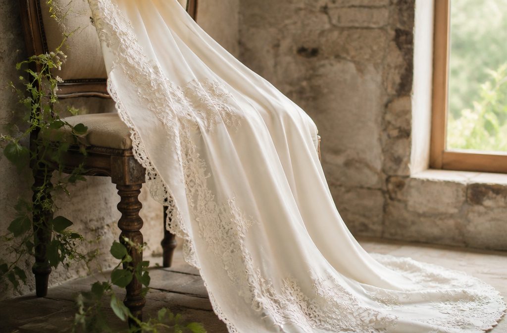 Bride in a wedding gown with the silhouette and neckline visible