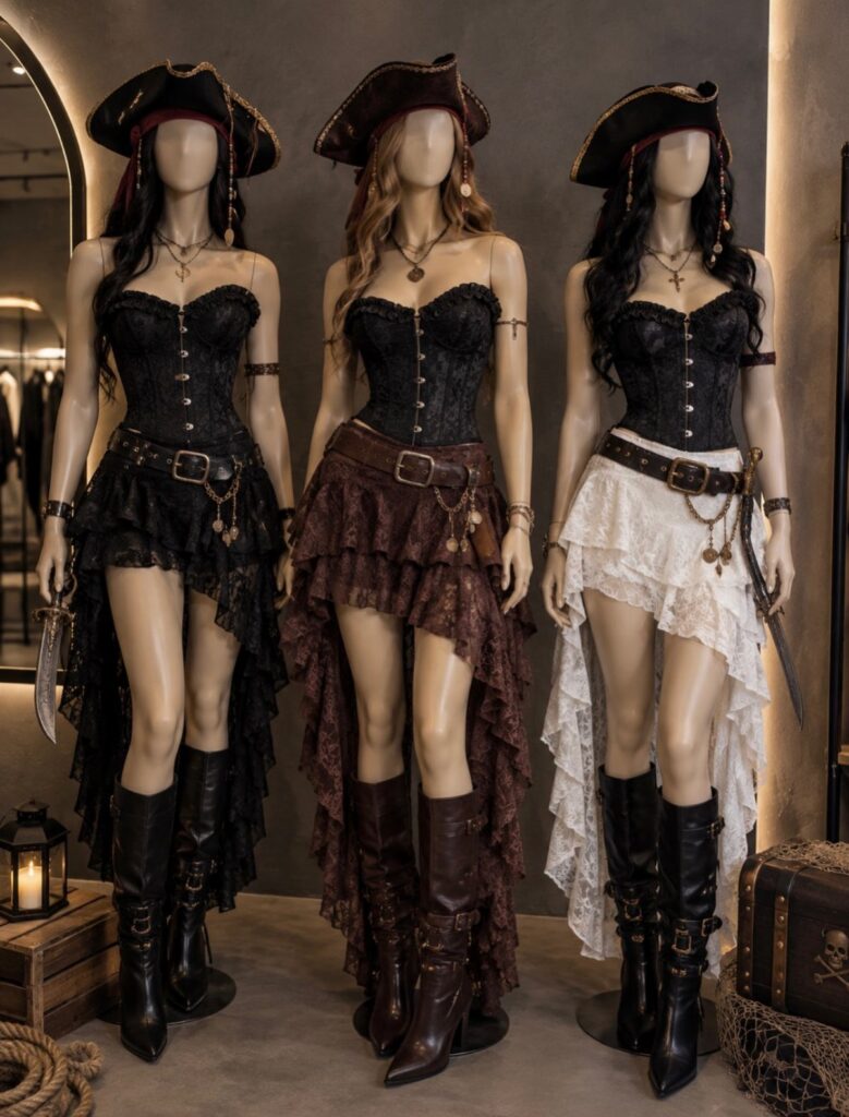 Three mannequins wearing pirate dresses with corsets, ruffled skirts, and tricorn hats.