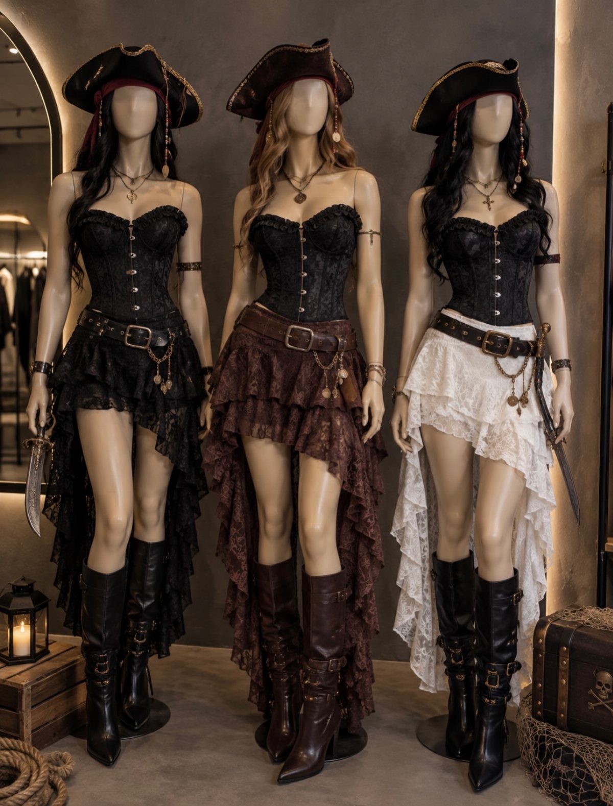 Three mannequins wearing pirate dresses with corsets, ruffled skirts, and tricorn hats.